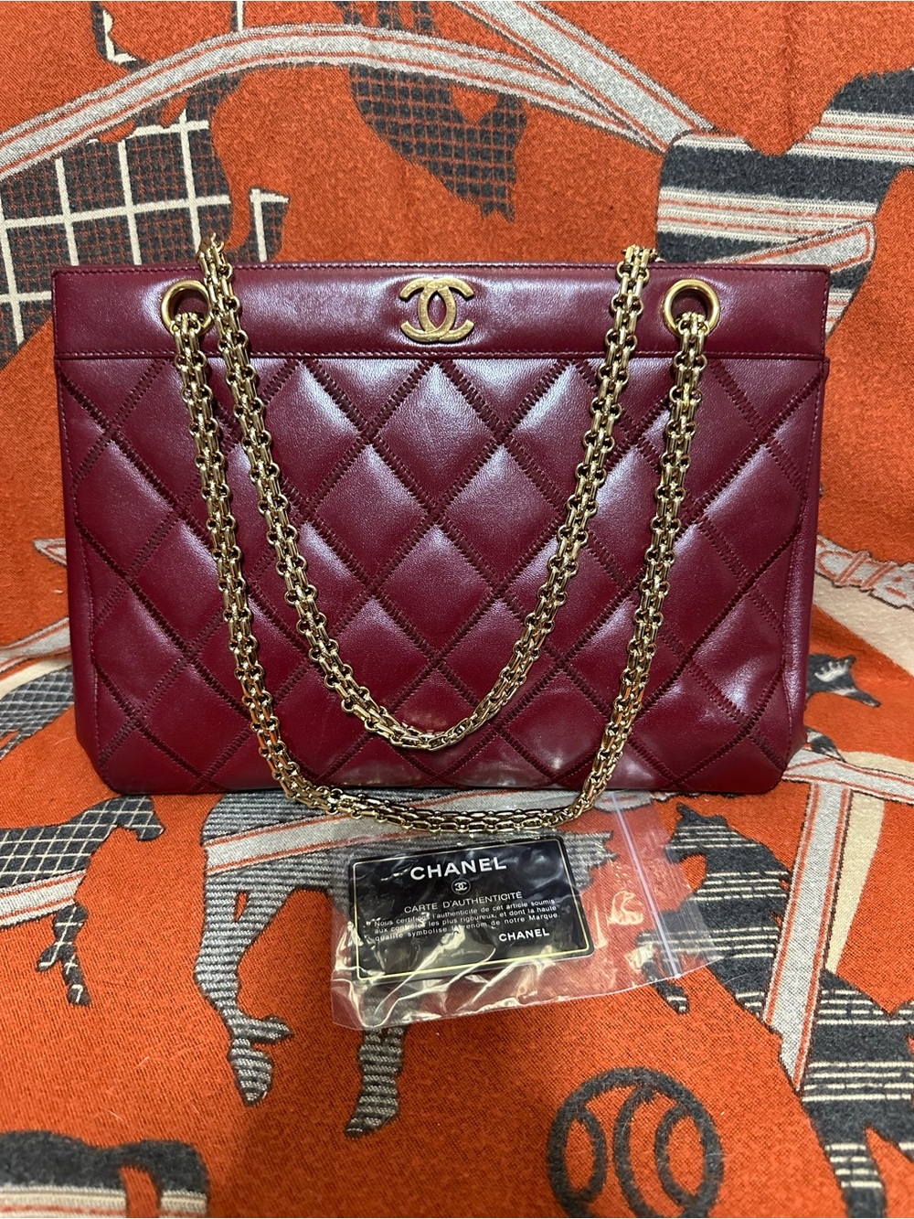 CHANEL Burgundy Quilted Lambskin Double Chain Shoulder Bag
